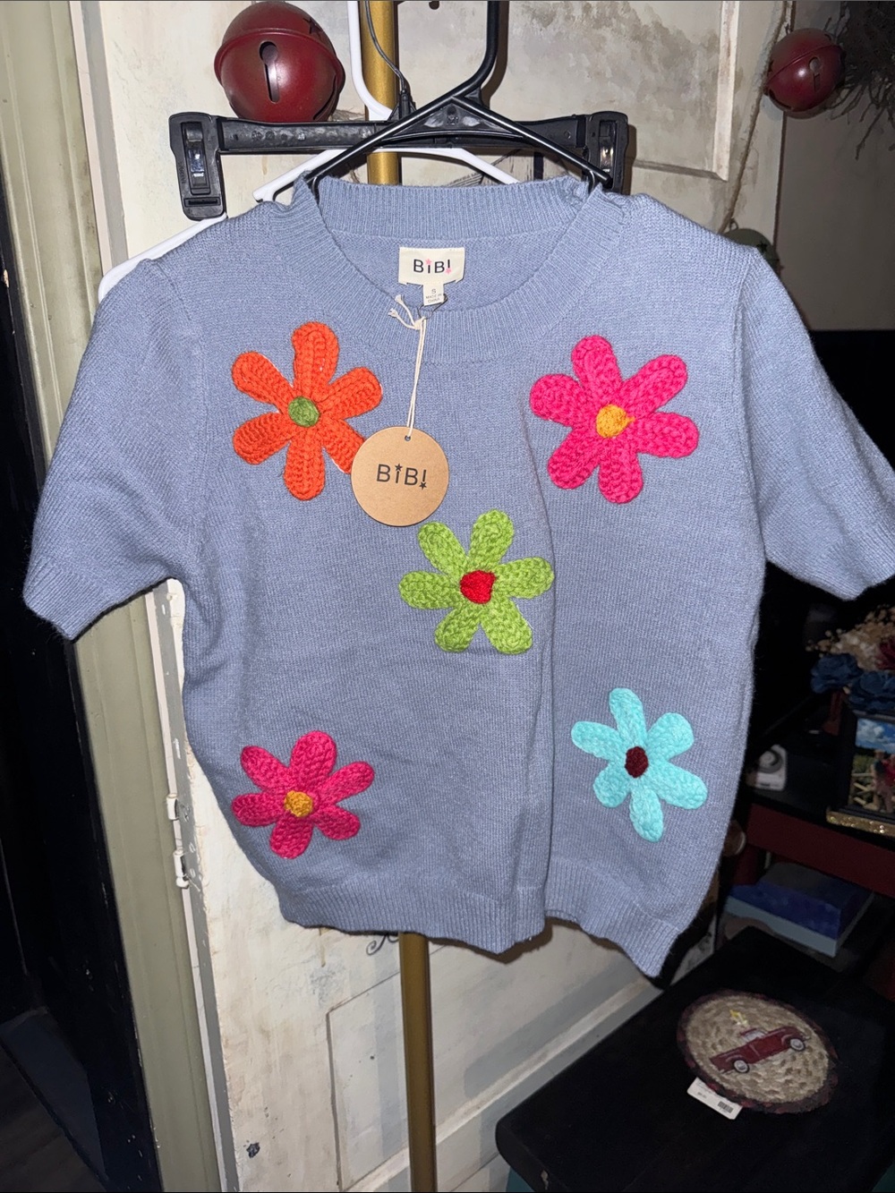 BiBi Light Blue Short Sleeve Knit Sweater with Crochet Flower Appliqués